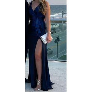 La Femme metallic ruffle jersey gown navy
